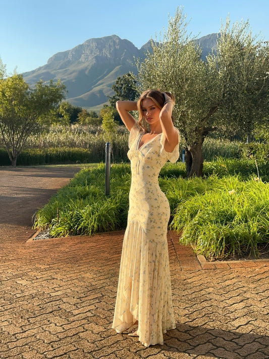 Casual Dresses Yellow Floral V Neck Mermaid Maxi Dress