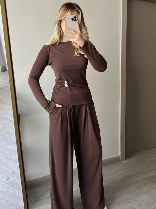 Elegant Brown Long-Sleeve Set