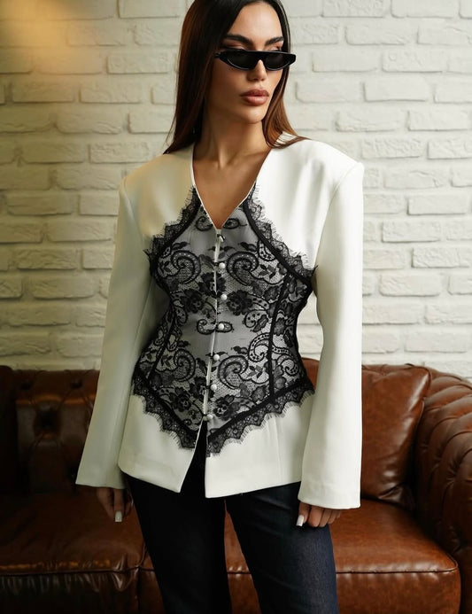 Lace Detail and V-Neck Design Blazer