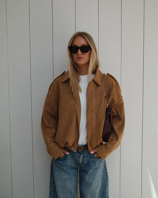Model Brown Bomber Suede Jacket