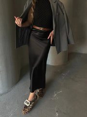 Black Midi Length Satin Skirt