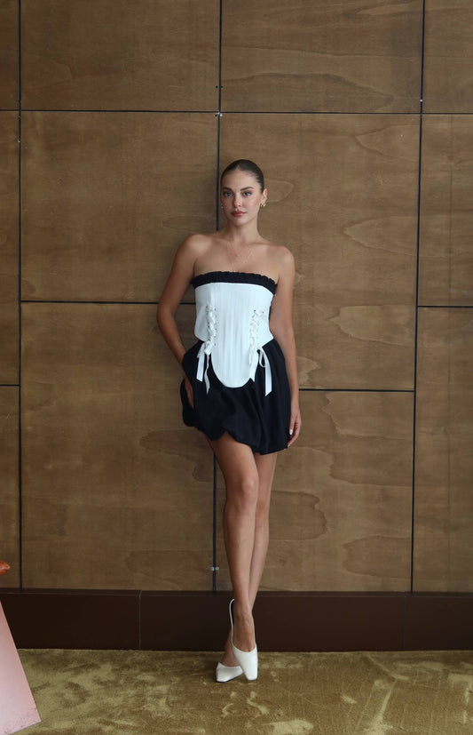 With Ribbon Detail Corset Blouse and Mini Balloon Skirt Set