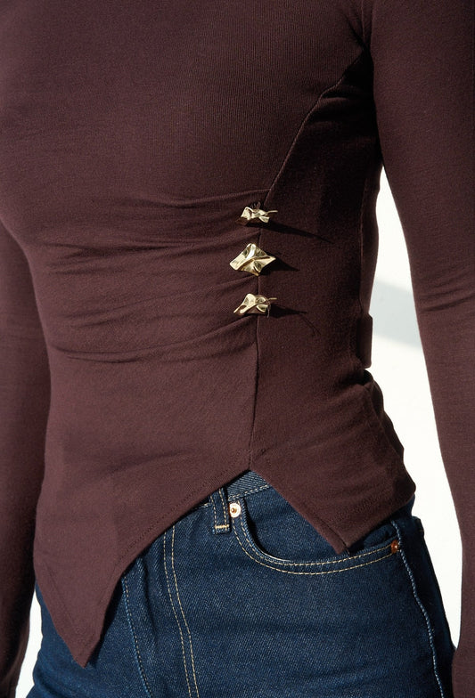Long Sleeve with Side Buckles and Slits Blouse