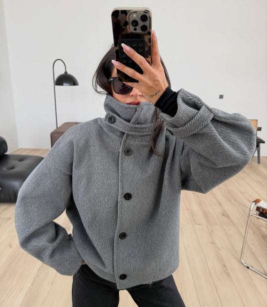 Grey Stand Collar Herringbone Lined Cashmere Jacket