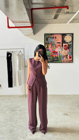 Front Buttoned Zero Sleeve Vest Wide Leg Trouser Set