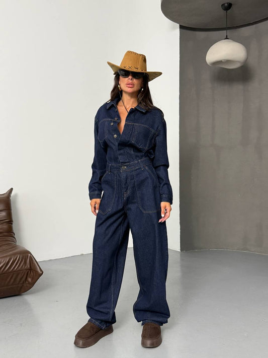 Paraf style Navy blue Long Sleeve Denim Jumpsuit