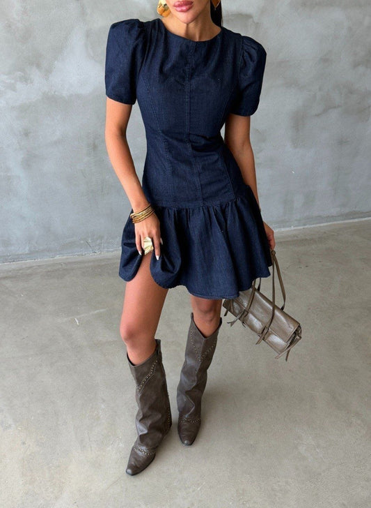 Midi Denim Dress with Balloon Sleeves Jeans Dress
