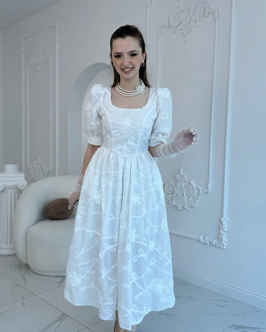 White Balloon Sleeve Embroidered Dress