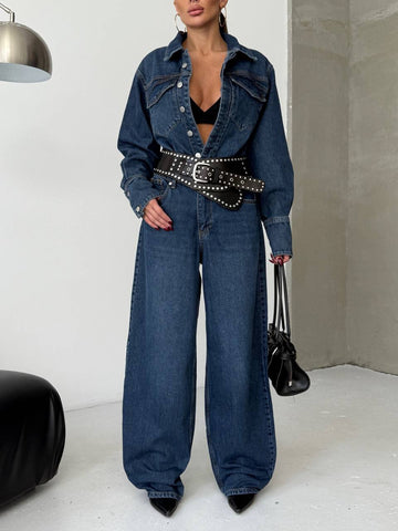 Paraf style Navy blue Long Sleeve Denim Jumpsuit