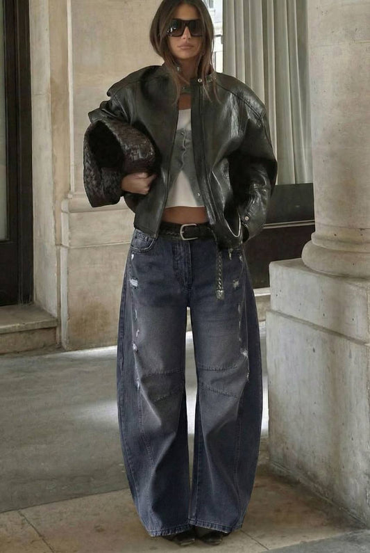 HerTon Grey Wide Leg Ripped Denim Pants