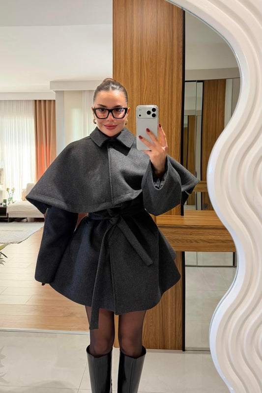 BELTED CACHET COAT WITH CAPE DETAIL JACKET