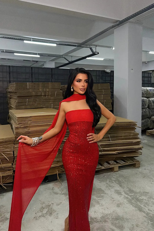 Red Sequin Strapless Dress