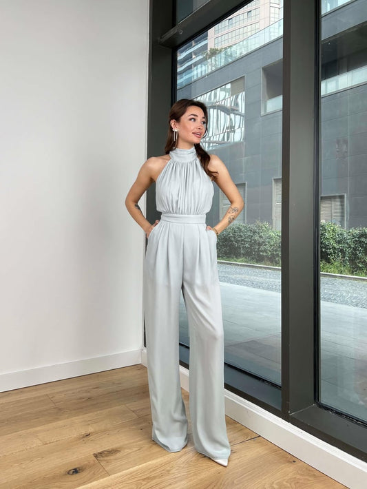 Turtleneck Sleeveless Drape Detailed Wide Leg Rivaldo Women's Mint Jumpsuit