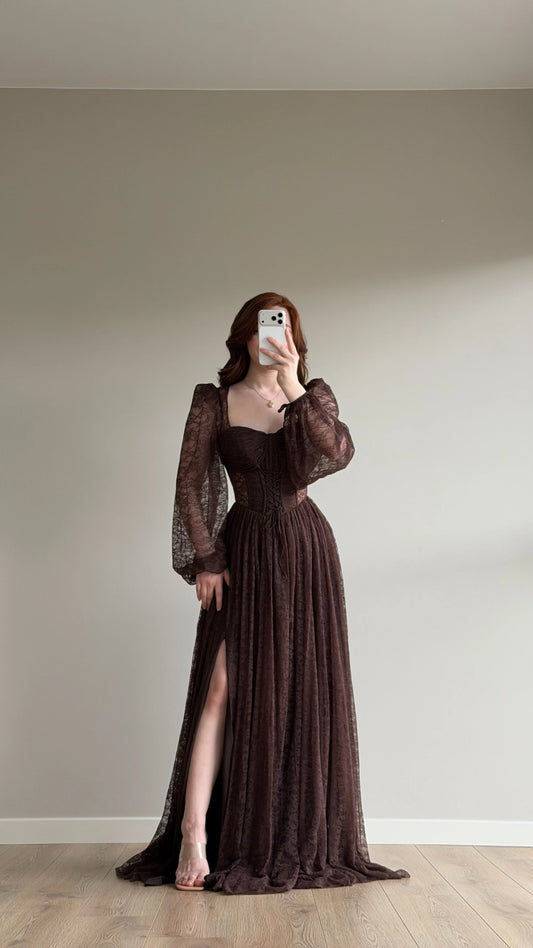 Romance Brown Lace Evening Dress