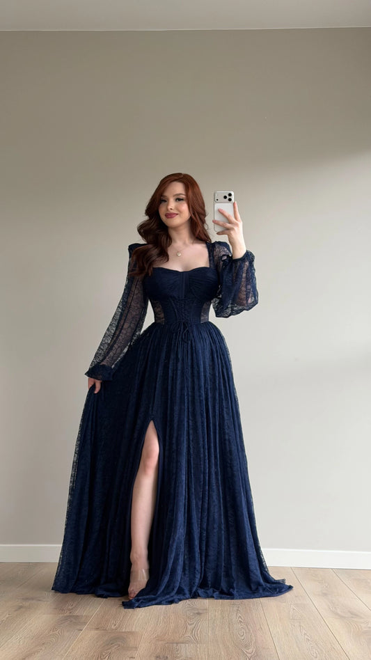 Romance Navy Blue Lace Evening Dress