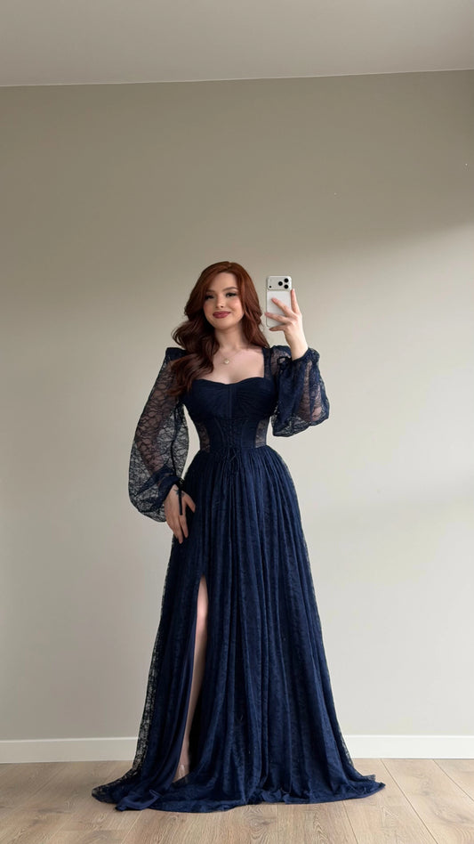 Romance Navy Blue Lace Evening Dress