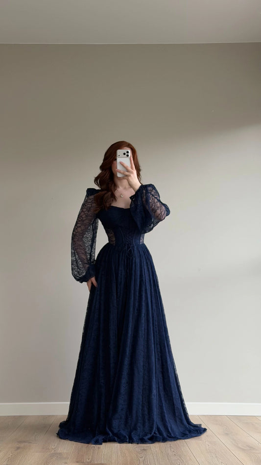 Romance Navy Blue Lace Evening Dress