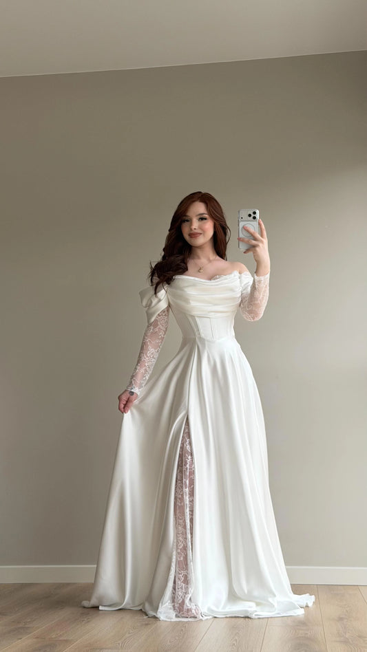 Royal White Evening with Lace Details Dress