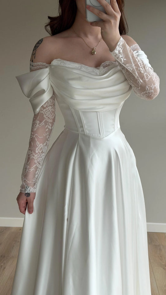 Royal White Evening with Lace Details Dress