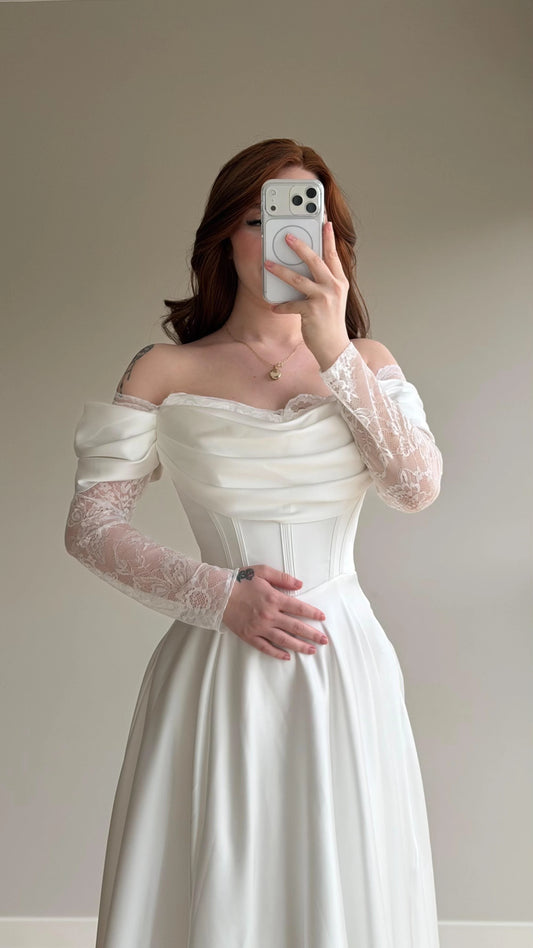Royal White Evening with Lace Details Dress