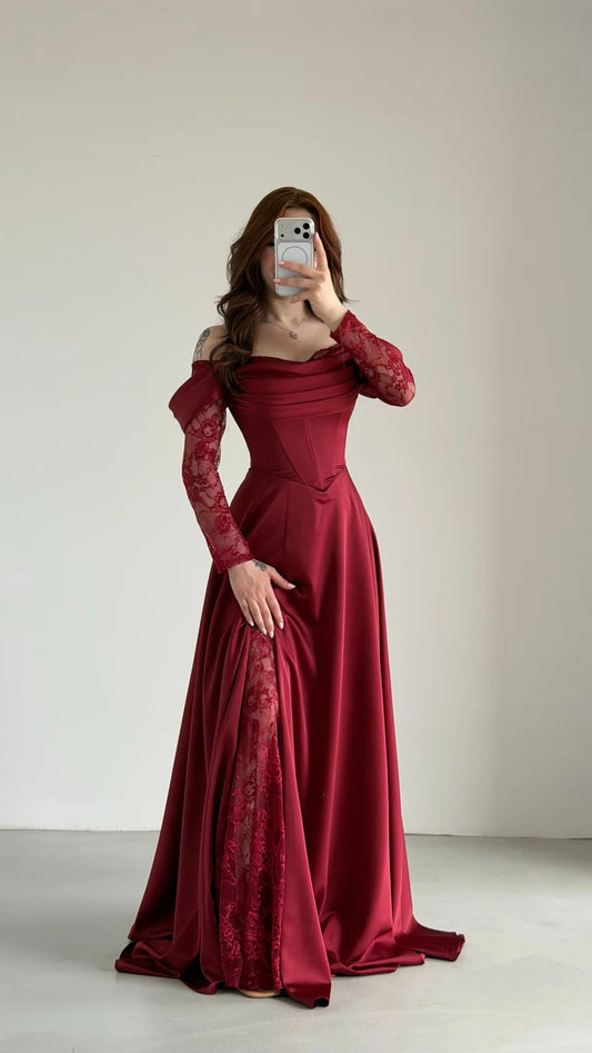 Royal Burgundy Evening with Lace Details Dress