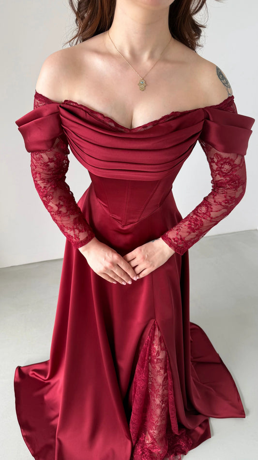 Royal Burgundy Evening with Lace Details Dress