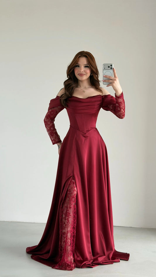 Royal Burgundy Evening with Lace Details Dress