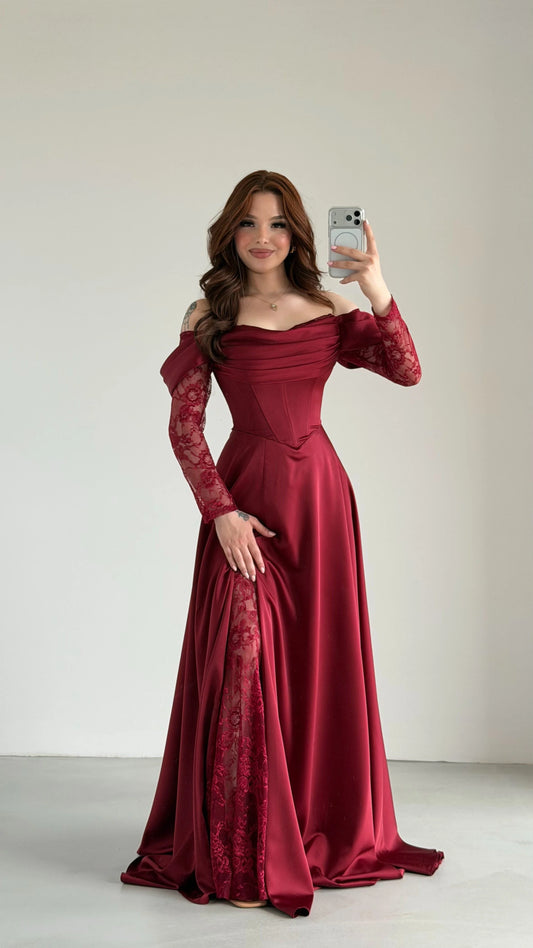 Royal Burgundy Evening with Lace Details Dress