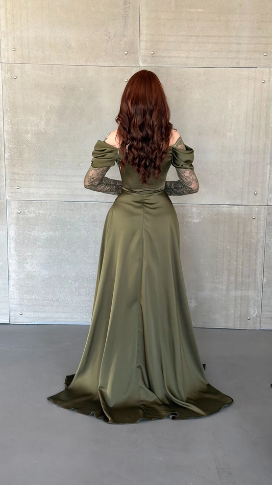 Royal Khaki Green Evening with Lace Details Dress