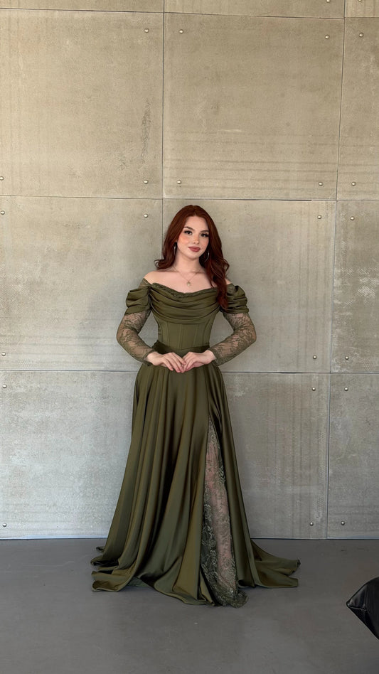 Royal Khaki Green Evening with Lace Details Dress