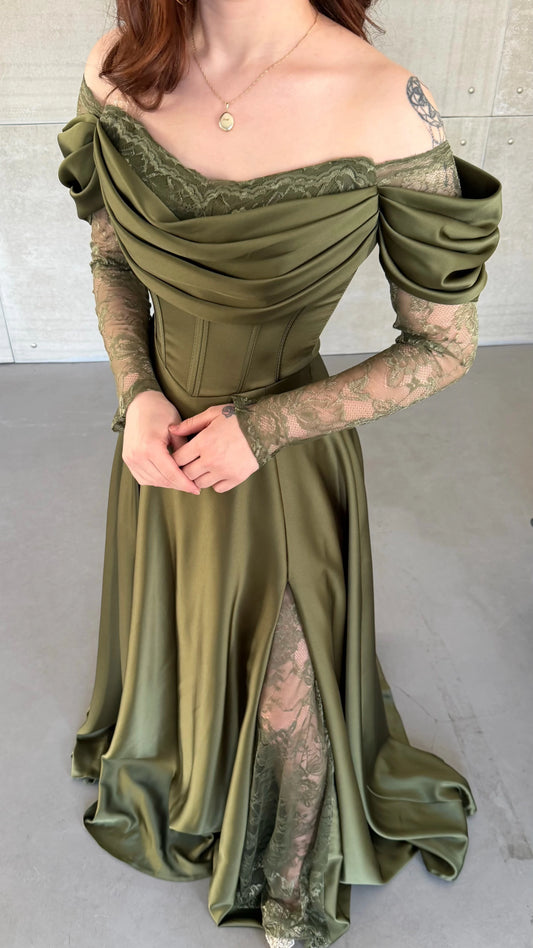 Royal Khaki Green Evening with Lace Details Dress