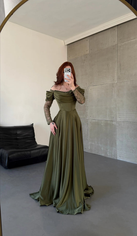 Royal Khaki Green Evening with Lace Details Dress