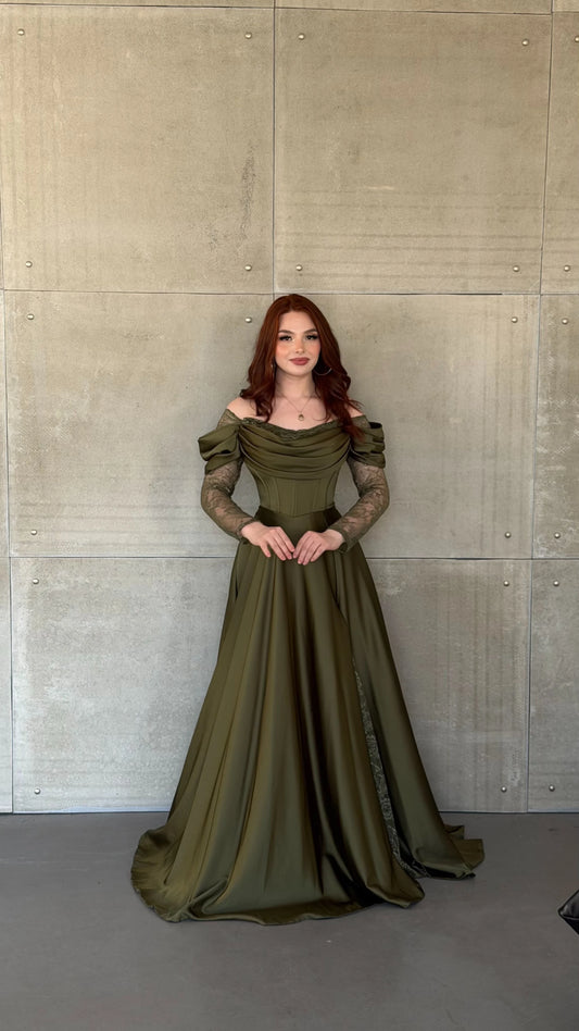 Royal Khaki Green Evening with Lace Details Dress