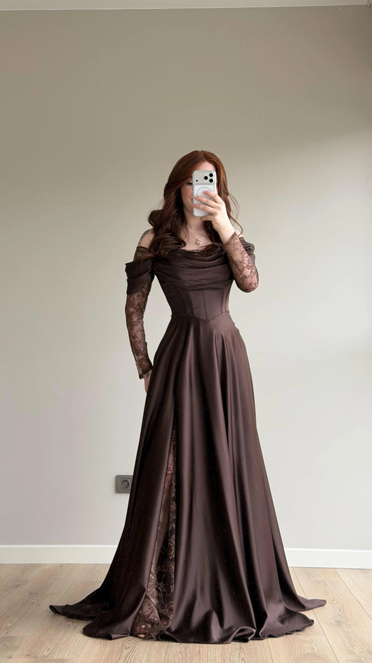 Royal Brown Evening with Lace Details Dress