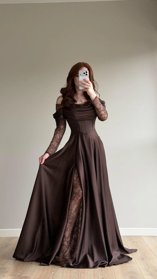 Royal Brown Evening with Lace Details Dress