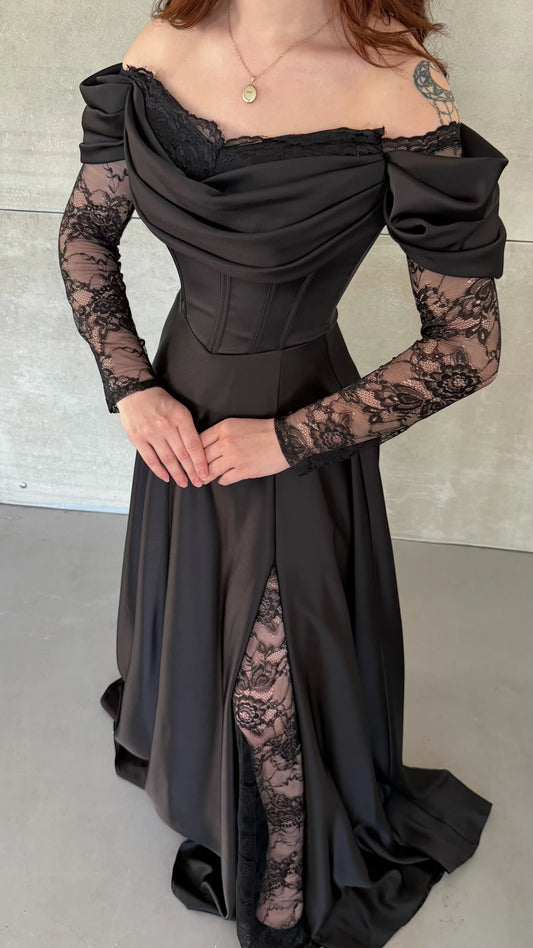 Royal Black Evening with Lace Details Dress