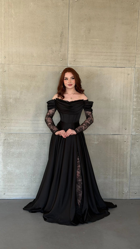 Royal Black Evening with Lace Details Dress