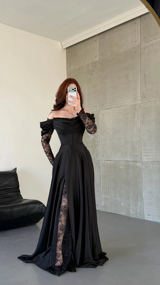 Royal Black Evening with Lace Details Dress