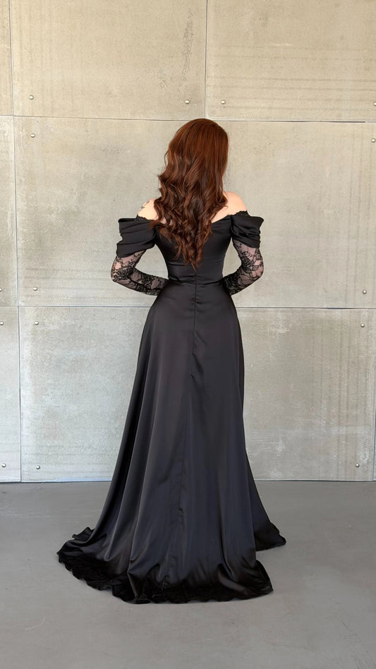 Royal Black Evening with Lace Details Dress