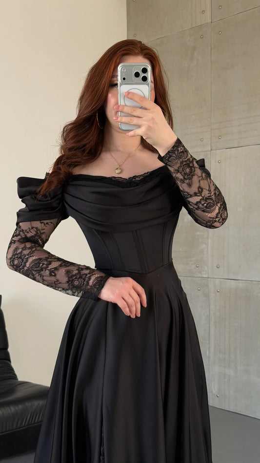 Royal Black Evening with Lace Details Dress