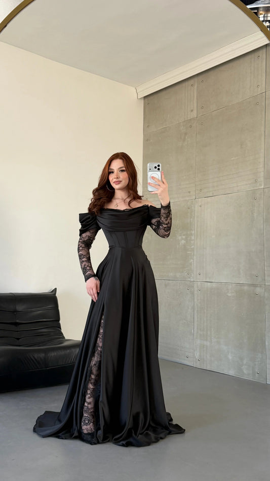 Royal Black Evening with Lace Details Dress