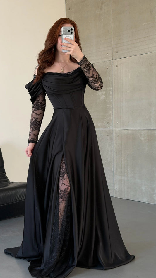Royal Black Evening with Lace Details Dress