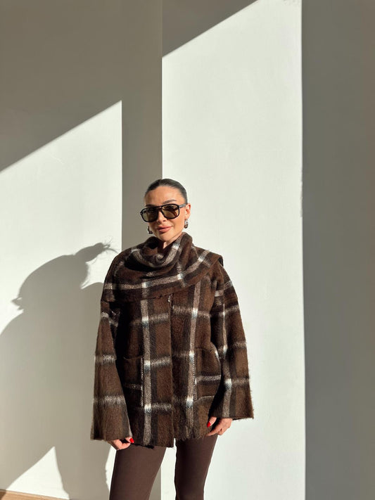 CHECKED STRAPPED SHORT KNIT JACKET