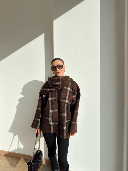 CHECKED STRAPPED SHORT KNIT JACKET