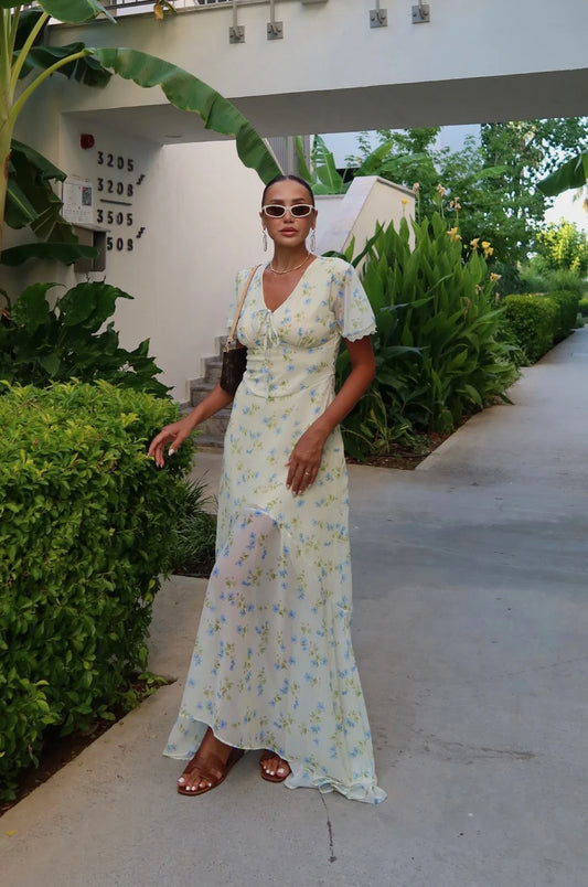 Casual Dresses Yellow Floral V Neck Mermaid Maxi Dress