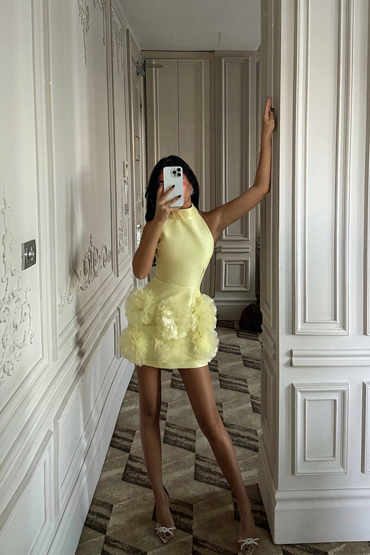 Yellow Freyya Mini Dress with Rose Detail at the Hem Dress