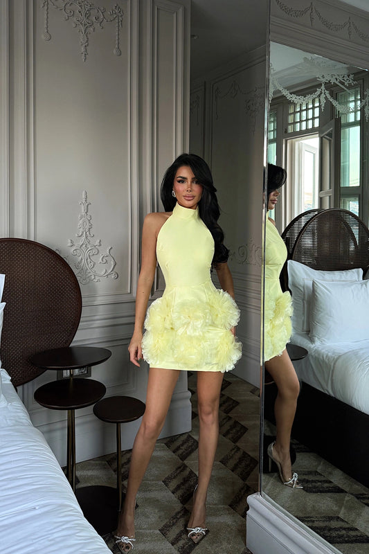 Yellow Freyya Mini Dress with Rose Detail at the Hem Dress