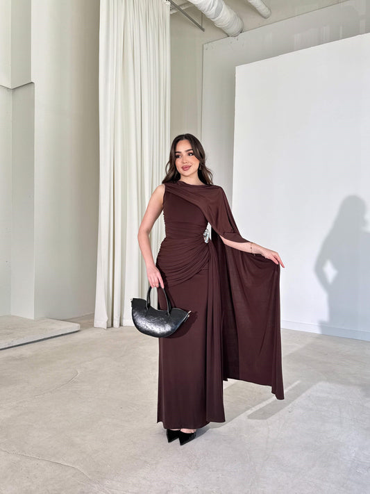 Sienna Brown Maxi Dress with Elegant Drape