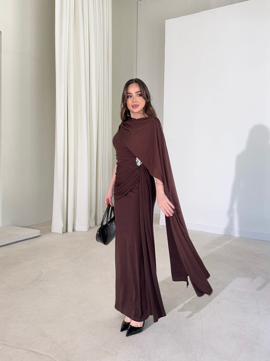 Sienna Brown Maxi Dress with Elegant Drape