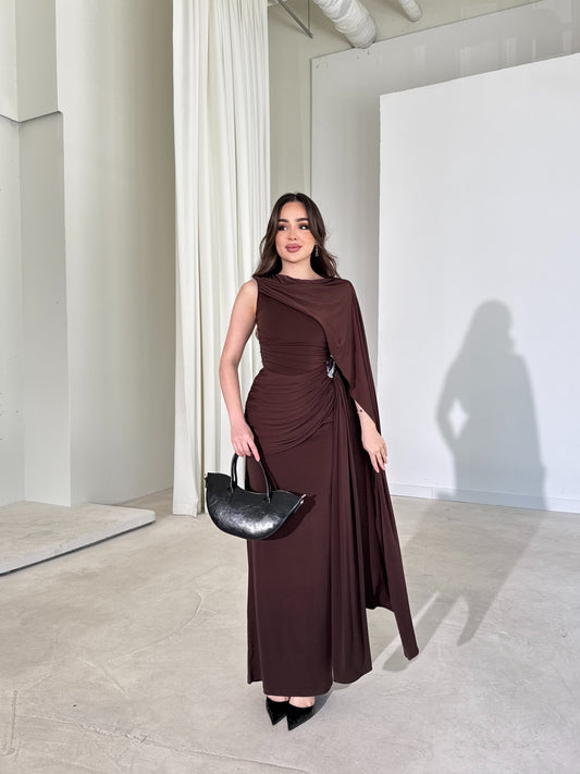 Sienna Brown Maxi Dress with Elegant Drape